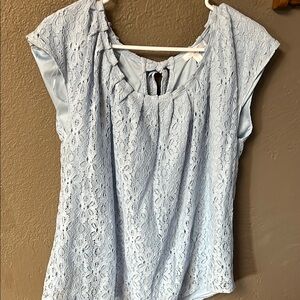 Lauren Conrad, light blue lace top, short sleeve, L, lined, 20”pit to pit, 27” L